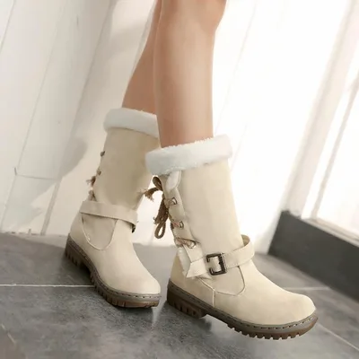 Snow Cotton Belt Buckle Frosted Leather Flat Cotton Shoes Martin Boots White - Shop at LoveMi