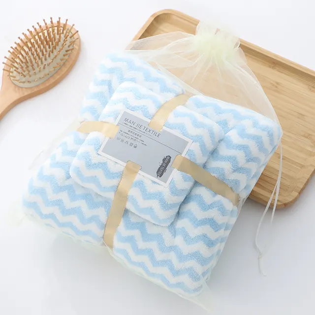 Coral Fleece Warp Knitted Absorbent Edging Towel And Bath Towel Set Blue - Shop at LoveMi