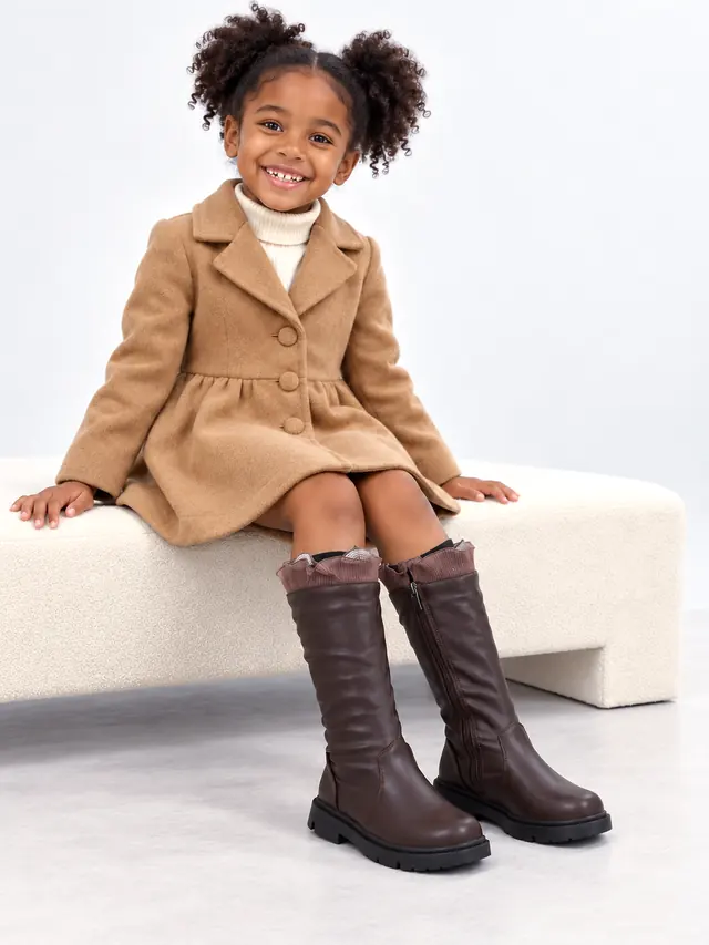 Girls' Brown Tall Boots with Ruffle Trim, Fleece Lined Brown - Shop at LoveMi