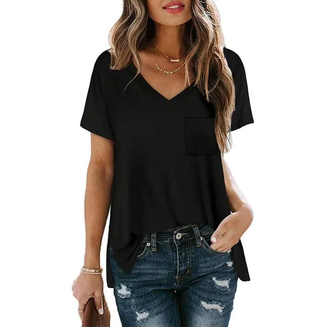 T Shirt NEW Pullover Solid Short Sleeve Collar Pocket Hem Black - Shop at LoveMi
