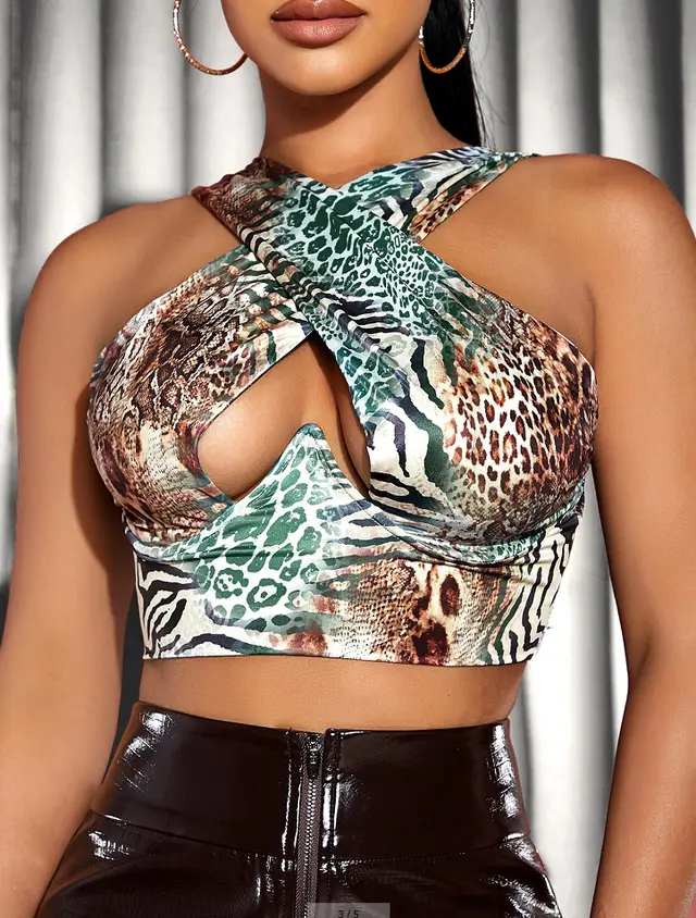 Hollow Halter Neck Halter Umbilical Plastic Waist Breast Enhancement Small Sling Flower Green - Shop at LoveMi