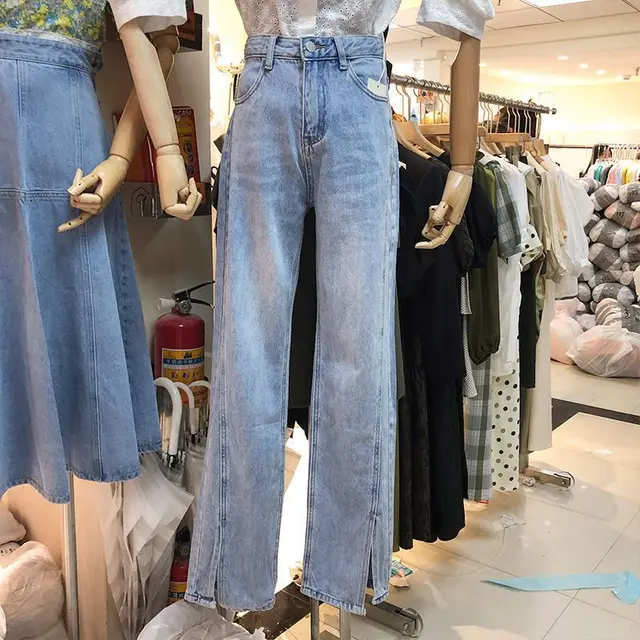 Women's High Waist Slimming Straight Slit Wide Leg Pants Bootcut Jeans Blue - Shop at LoveMi