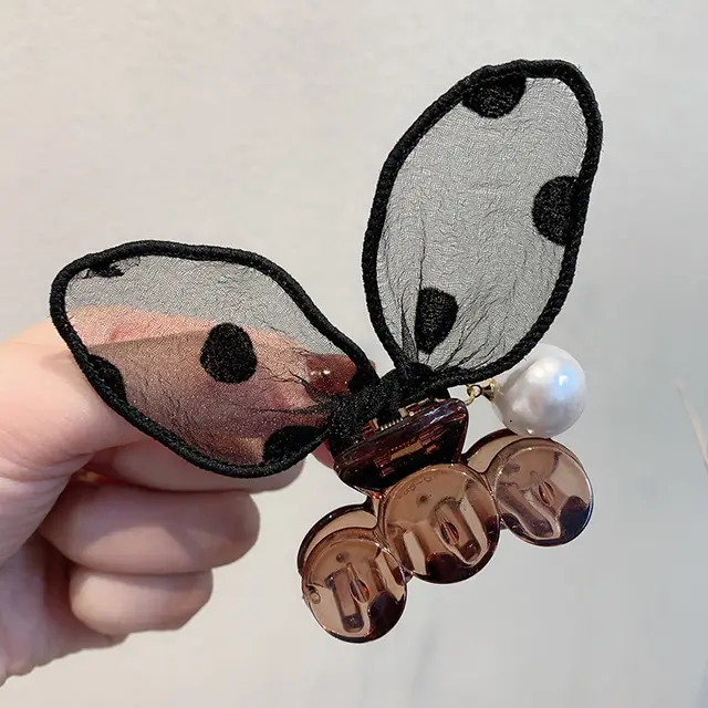 Polka Dot Lace Rabbit Ears Clip Bangs Broken Hairpin Pearl Hairpin Coffee - Shop at LoveMi