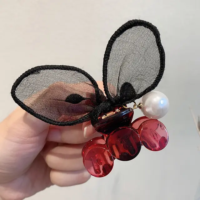 Polka Dot Lace Rabbit Ears Clip Bangs Broken Hairpin Pearl Hairpin Red - Shop at LoveMi