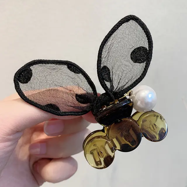 Polka Dot Lace Rabbit Ears Clip Bangs Broken Hairpin Pearl Hairpin Yellow - Shop at LoveMi