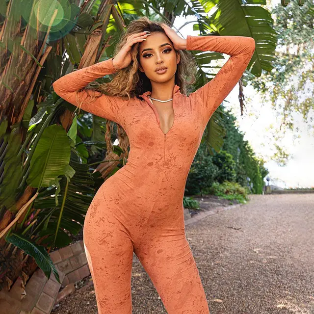 Women's Winter New Round Stand up Collar Buttocks Slim fit Chest Zipper Cool Print Jumpsuit Orange - Shop at LoveMi