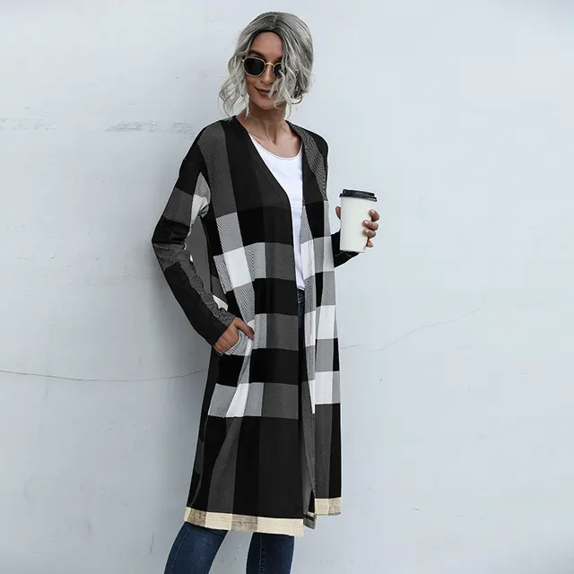 Autumn Plaid Fashion Unbuttoned Straight Cardigan Jacket Women Black - Shop at LoveMi