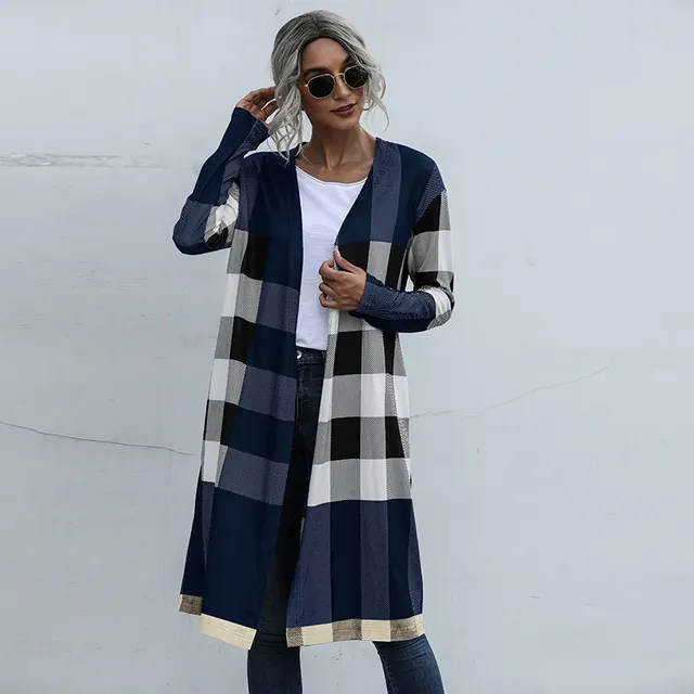 Autumn Plaid Fashion Unbuttoned Straight Cardigan Jacket Women Navy Blue - Shop at LoveMi