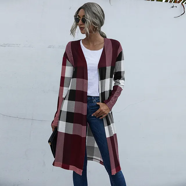Autumn Plaid Fashion Unbuttoned Straight Cardigan Jacket Women Wine Red - Shop at LoveMi