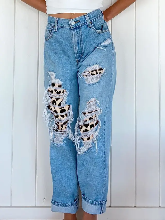 Women's Jeans With Ripped Leopard Print Look Thin Blue - Shop at LoveMi