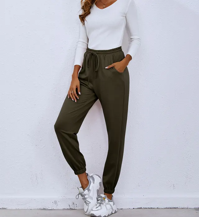 Women's High waist Lace up Track Pants Army Green - Shop at LoveMi