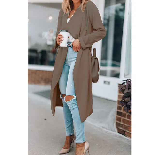 Lapel Solid Color Mid length Casual Windbreaker Women's Clothing Khaki - Shop at LoveMi