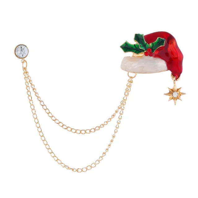 Cartoon Christmas Hat With Diamond Double layer Chain Brooch Main Color - Shop at LoveMi