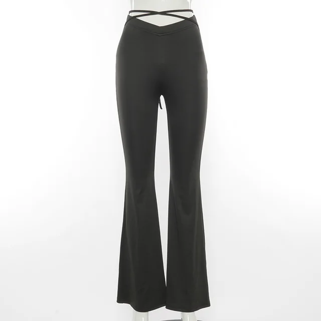 V shaped Waist Umbilical Cross Strap Flared Casual Pants Women Black - Shop at LoveMi