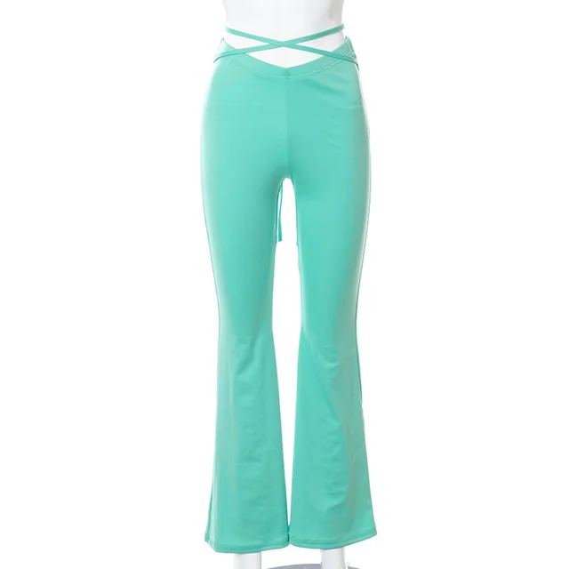 V shaped Waist Umbilical Cross Strap Flared Casual Pants Women Green - Shop at LoveMi