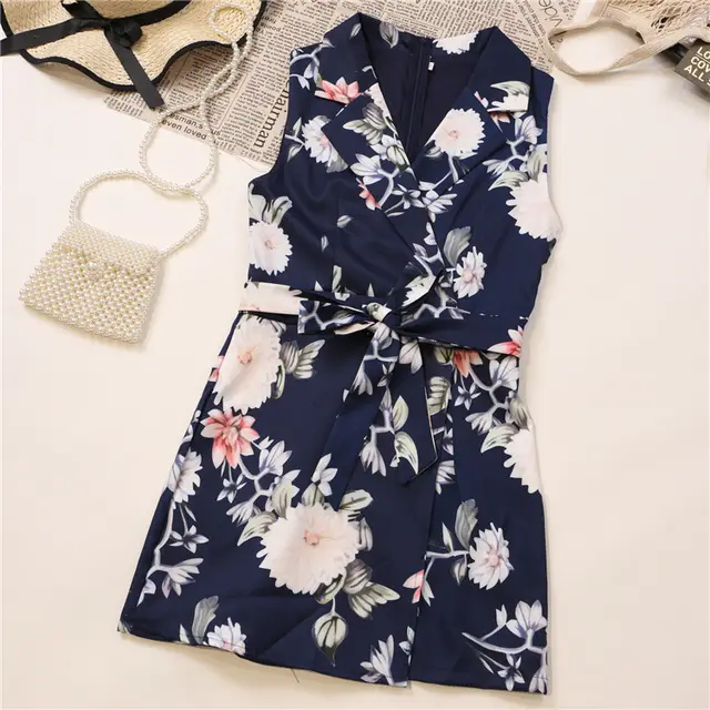 Ladies Printed V Neck Sleeveless Waist Irregular Culottes Jumpsuit Dark Blue - Shop at LoveMi