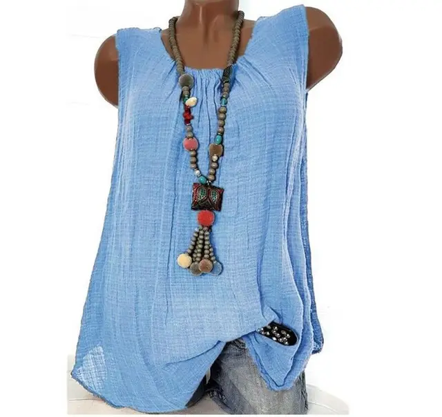 Casual Round Neck Solid Color Sleeveless Vest T shirt Sky Blue - Shop at LoveMi