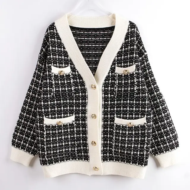 Knitted Jacket Women's Cardigan Plaid Loose Thickening Small Fragrance Style Foreign Style Black - Shop at LoveMi