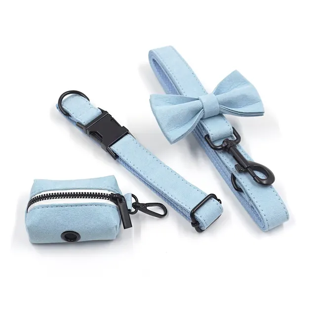 Light Blue Short Velvet Black Buckle Pet Collar Leash Bow Set - Shop at LoveMi