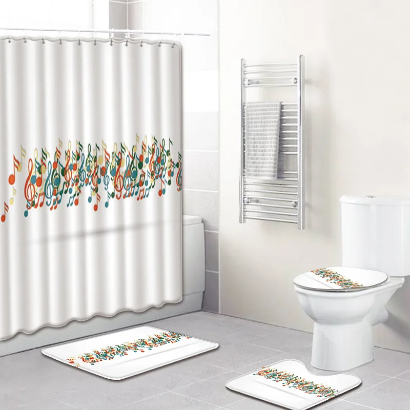 Music Note Music Color Bathroom Carpet Shower Curtain Personality Water-absorbent Non-slip Mat Four-piece - Style8