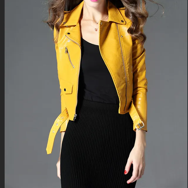 Women's Short Slim PU Leather Jacket Yellow - Shop at LoveMi
