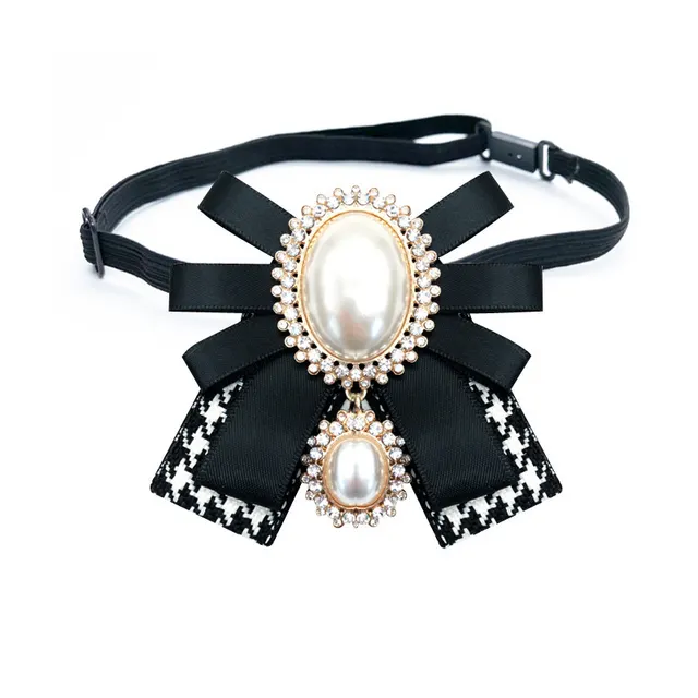 Pearl Bowknot Cloth Brooch Black And White Straps - Shop at LoveMi