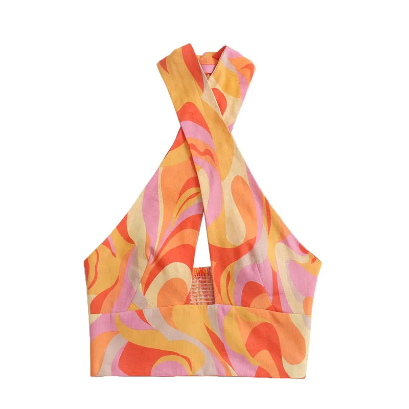Cross Halterneck Printed Linen Blouse - Color