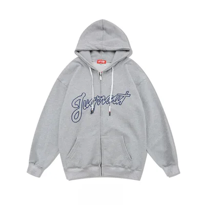 Loosely Embroidered Letters Couple Thin Hooded Sweater Grey - Shop at LoveMi