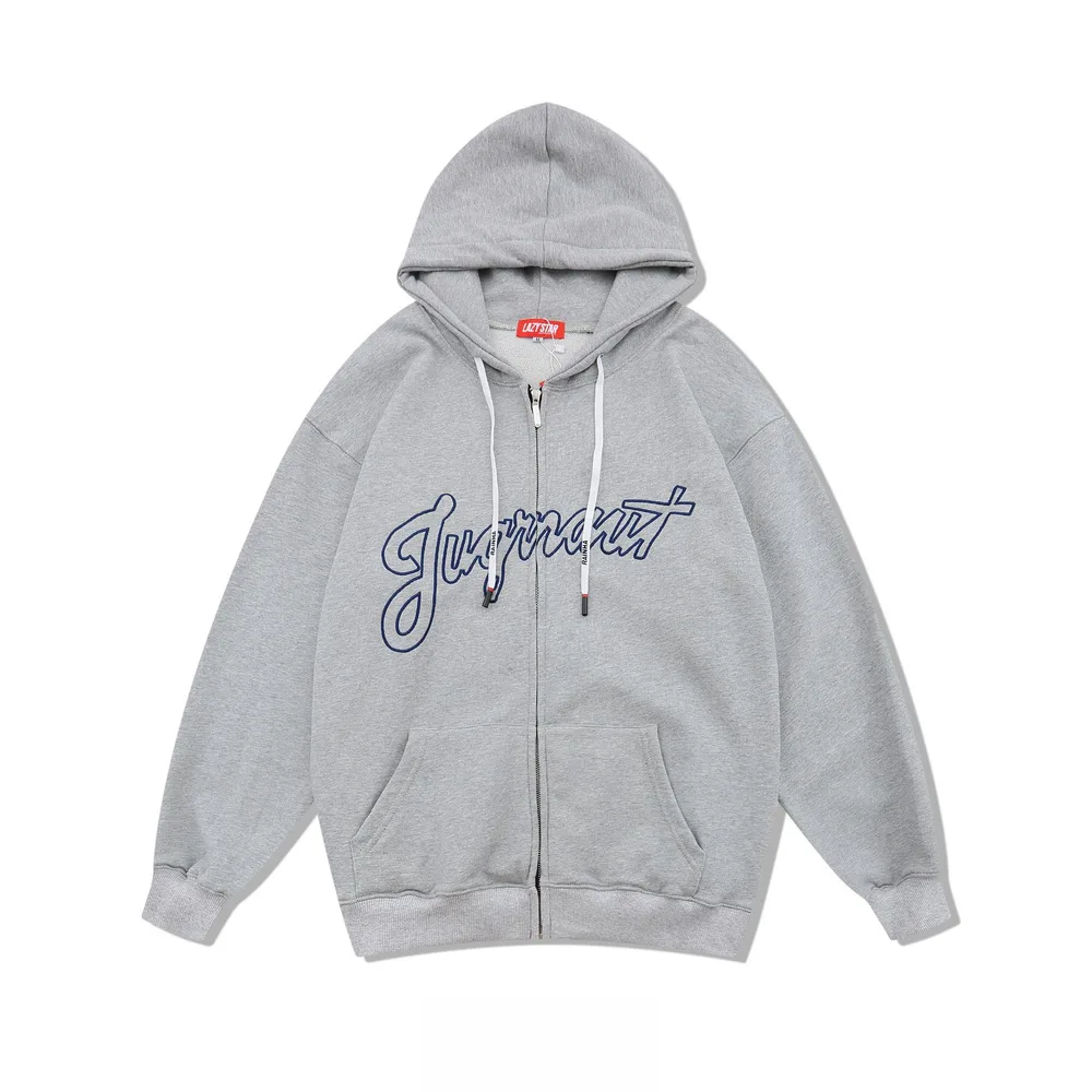 Loosely Embroidered Letters Couple Thin Hooded Sweater Grey - Shop at LoveMi