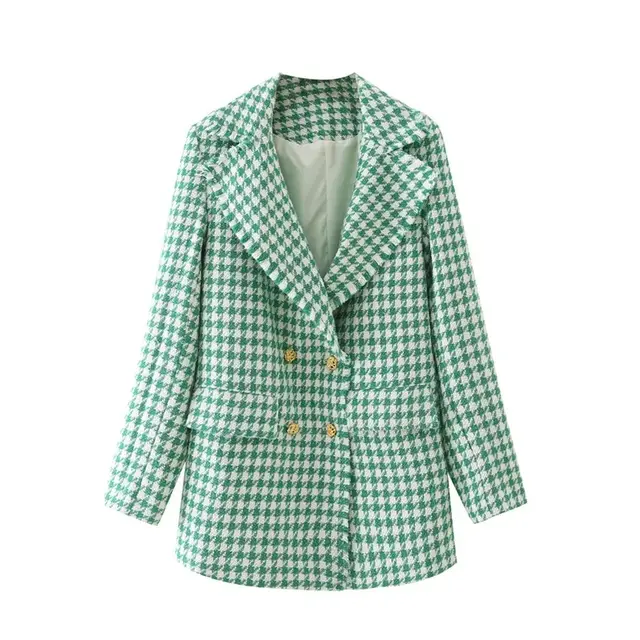 Houndstooth Double breasted Blazer, Loose And Slim Long sleeved Top Green - Shop at LoveMi