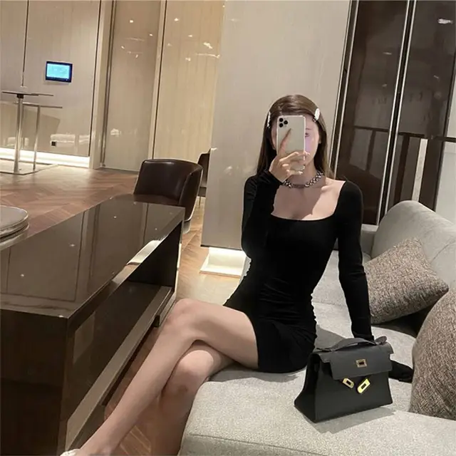 Tight fitting Square Neck Low cut Sexy Dress Black - Shop at LoveMi
