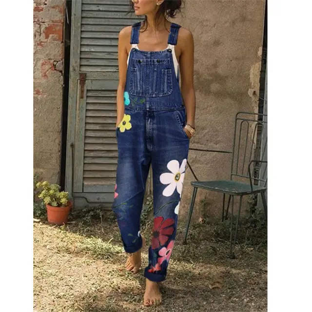 Ladies Printed Washed Denim Overalls Trousers Dark Blue - Shop at LoveMi