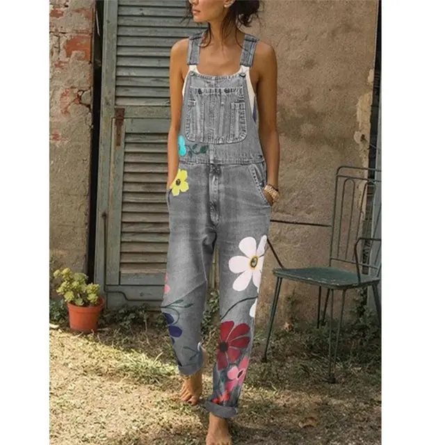 Ladies Printed Washed Denim Overalls Trousers Grey - Shop at LoveMi