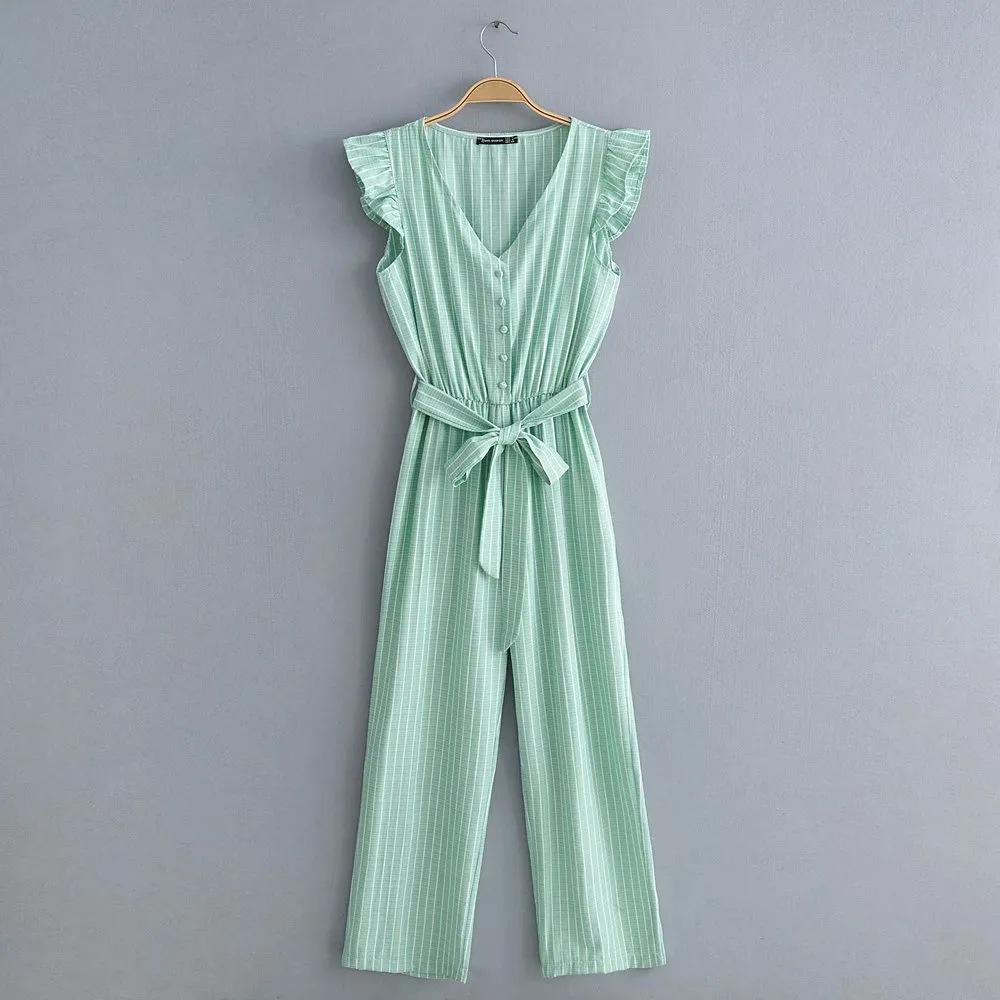 Denise collectie - Stijlvolle katoenen jumpsuit met strepen - Green