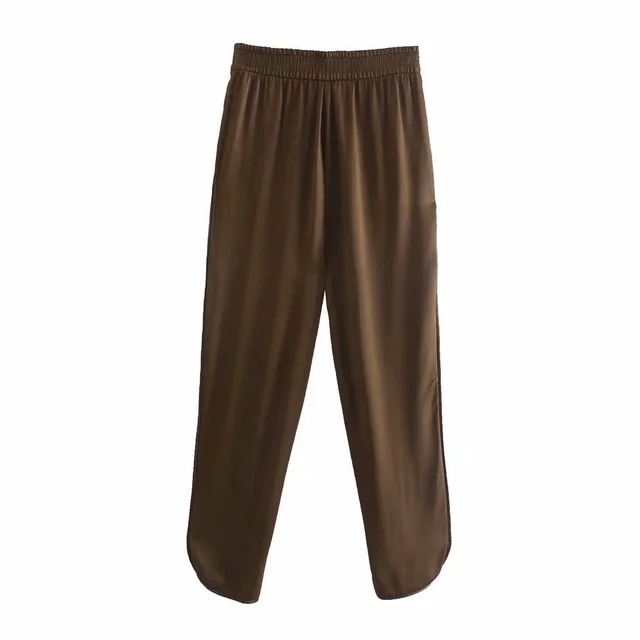 Women's Fashion Solid Color Slit Design Silk Satin - Coffee