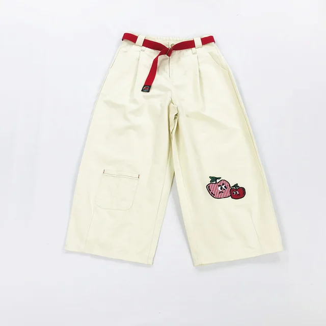 Fruit Embroidered Beige Bloomers Cropped Trousers Pants - Shop at LoveMi