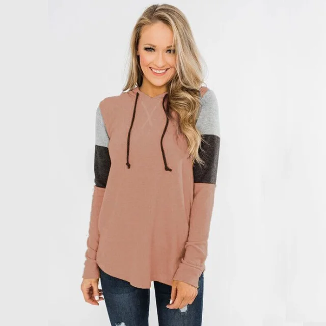 Top Loose Design Hoodie Long sleeved Contrast Sweater Pink - Shop at LoveMi