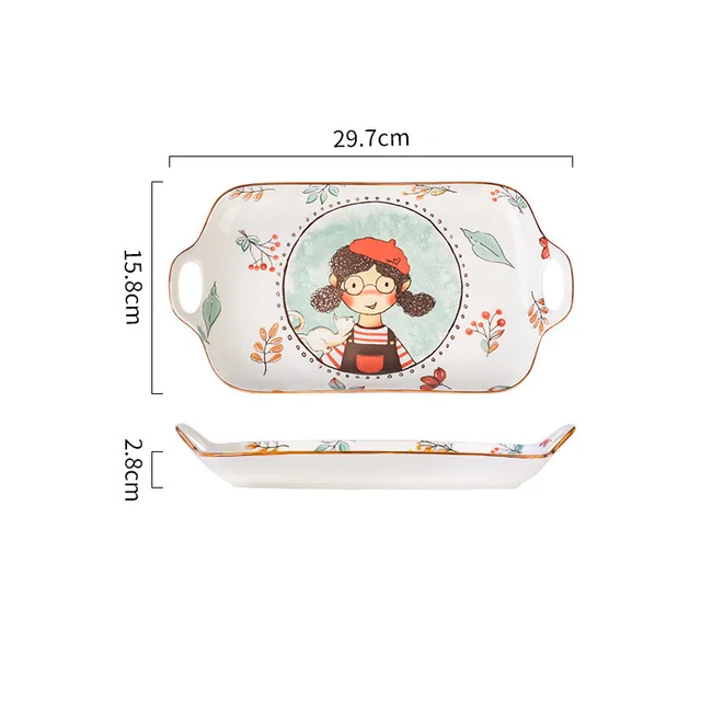 Ceramic Tableware Cute Fairy Tale Forest Baked Rice Plate Set Large Rectangular Plate - Shop at LoveMi