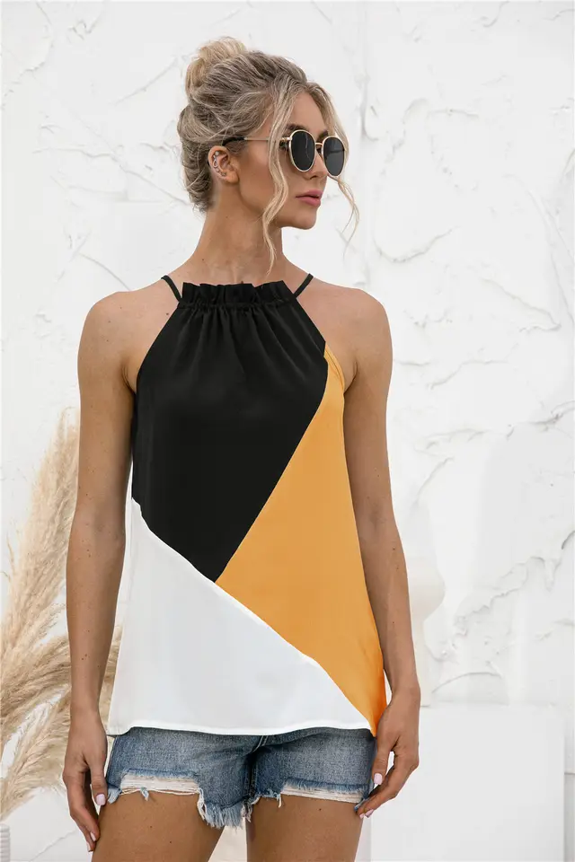 Halterneck Strap Contrast Color Vest Black And Yellow - Shop at LoveMi