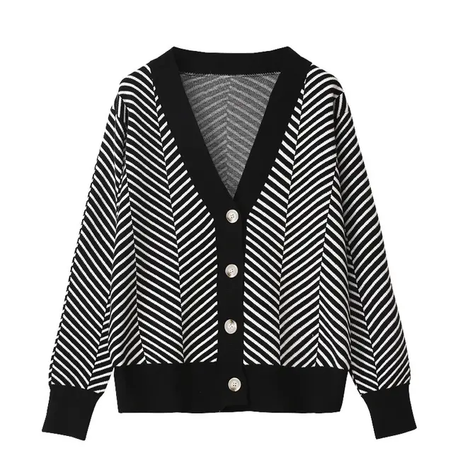 V Neck Diamond Striped Lazy Style Literary Knit Cardigan Jacket Black - Shop at LoveMi