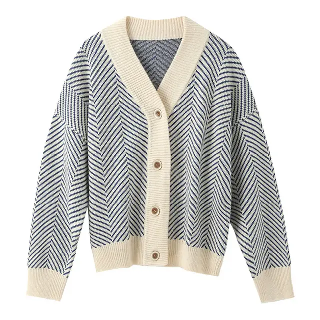 V Neck Diamond Striped Lazy Style Literary Knit Cardigan Jacket White - Shop at LoveMi
