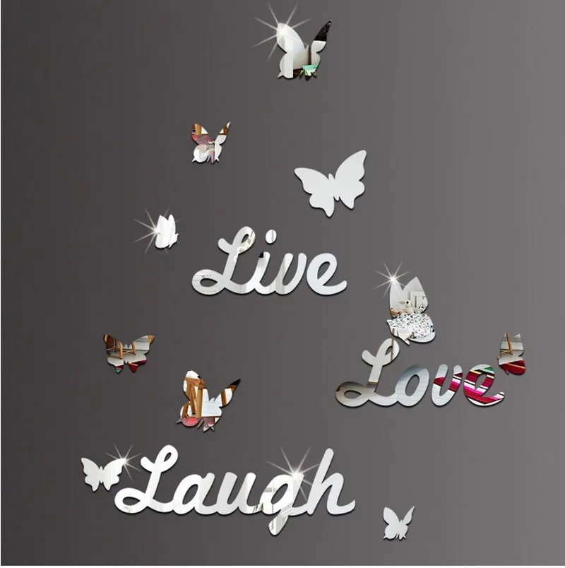 English Alphabet Butterfly Mirror Wall Sticker Bedroom Decoration Sticker Silver - Shop at LoveMi