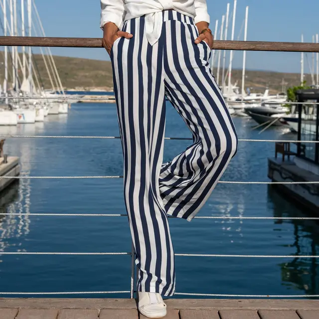 Cotton And Linen Striped Women's Trousers White Bottom Casual Loose Straight leg Pants Dark Blue - Shop at LoveMi