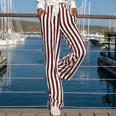 Cotton And Linen Striped Women's Trousers White Bottom Casual Loose Straight leg Pants Red - Shop at LoveMi