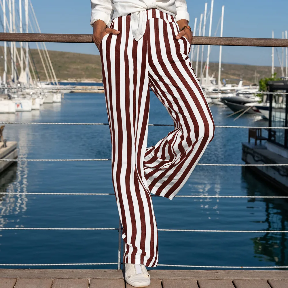 Cotton And Linen Striped Women's Trousers White Bottom Casual Loose Straight leg Pants Red - Shop at LoveMi