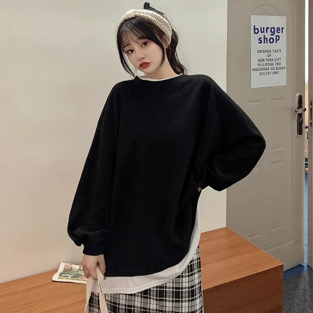 Students' Solid Color Round Neck Long sleeved Sweater Women Black - Shop at LoveMi