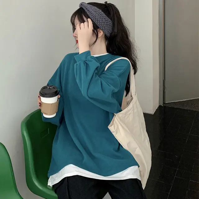 Students' Solid Color Round Neck Long sleeved Sweater Women Lake Blue - Shop at LoveMi