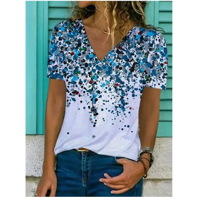 Spring And Summer New V neck Printed T shirt Women's Top Green - Shop at LoveMi