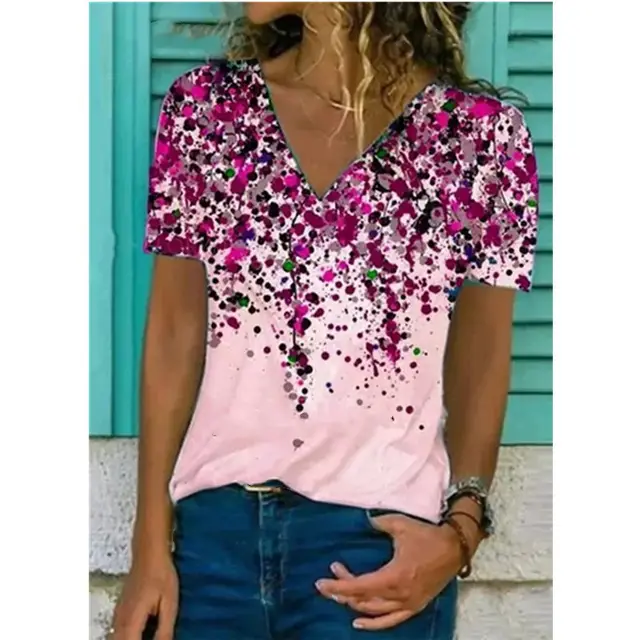 Spring And Summer New V neck Printed T shirt Women's Top Red - Shop at LoveMi