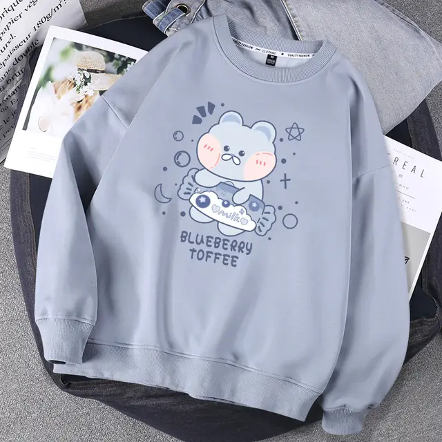 Hoodless Sweater Women Spring And Autumn Round Neck Jacket Salt Girl Blouse Blue Thin Toffee Bear - Shop at LoveMi